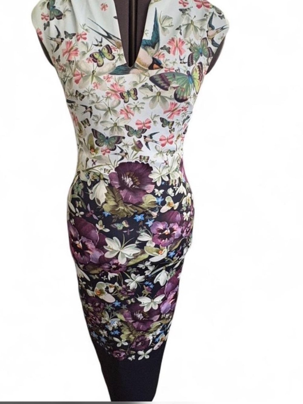 Ted Baker Floral & Butterfly Midi Dress in Purple, White, Green